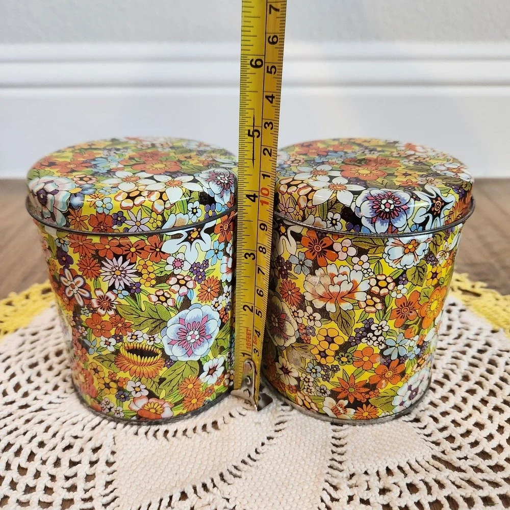 Vintage 70s Set Of 2 Floral Canister Hippie Retro Tins MCM Flower Power 4.5in